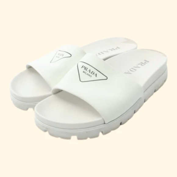 Prada Shoes - Prada White Leather Logo Slides